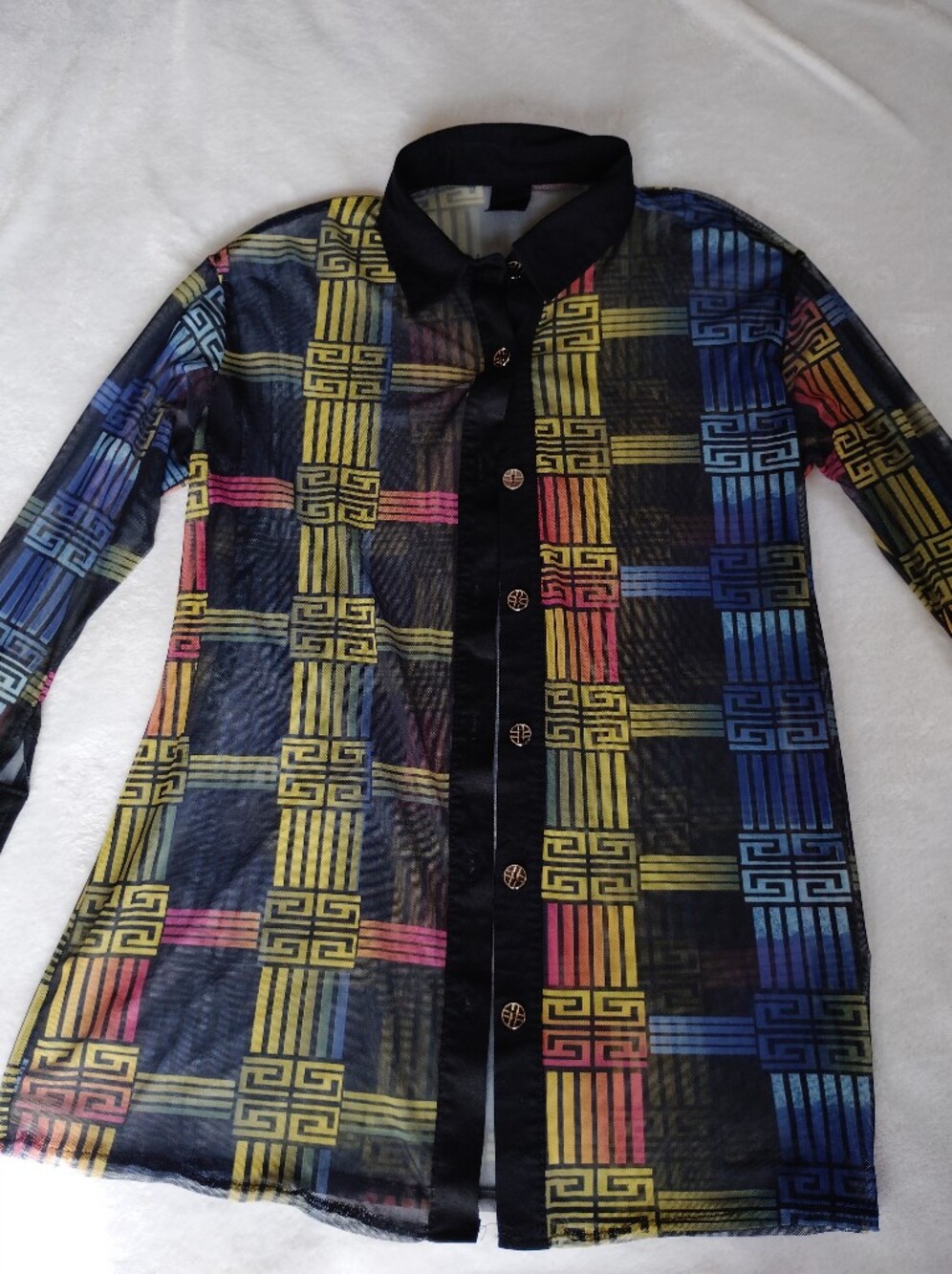 Vintage Y2K Sheer Mesh Geometric Greek Key Print Button Front Blouse Made in Egy